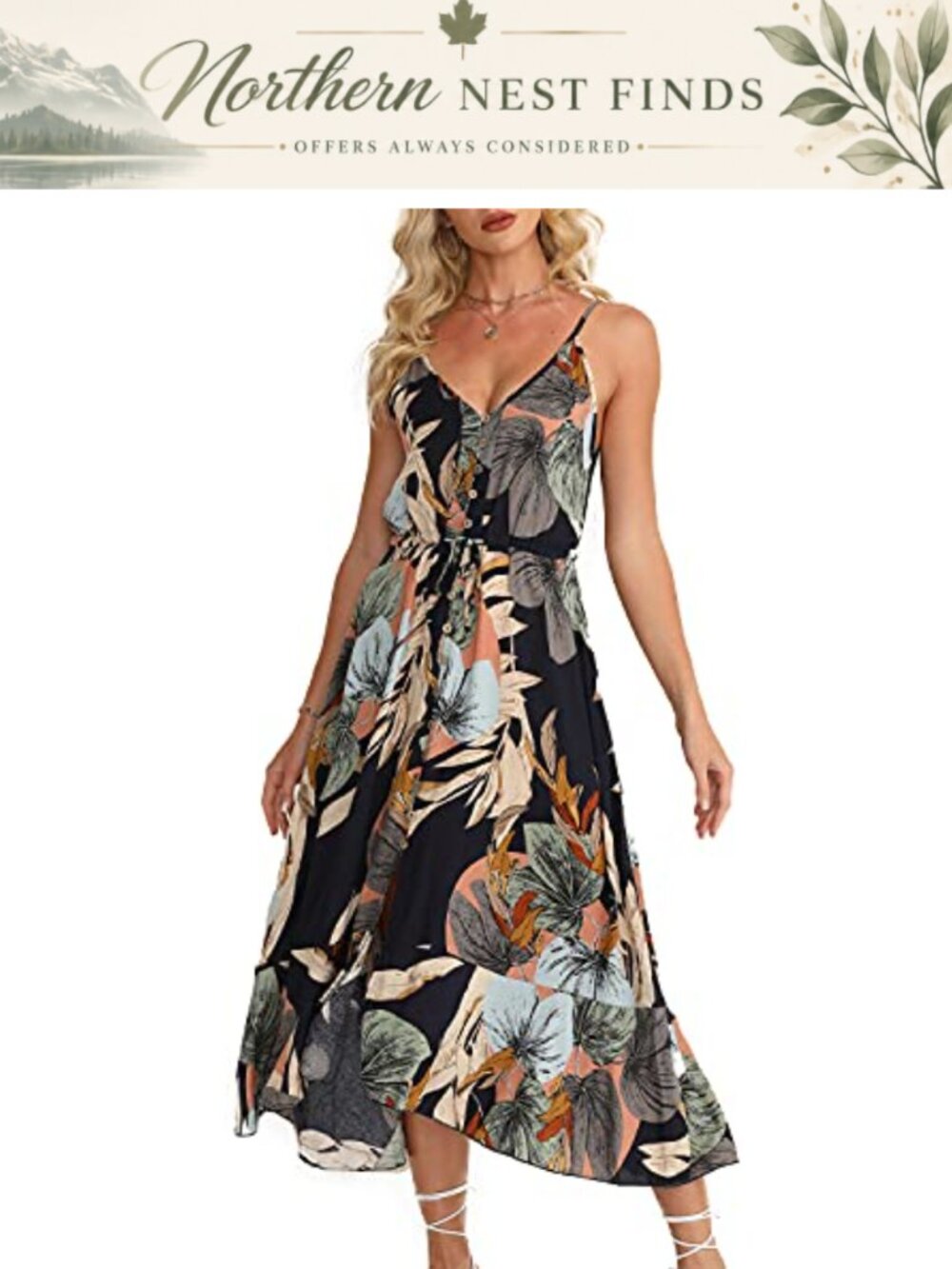 Boho Sundress Spaghetti Strap V Neck Flowy Midi Dress